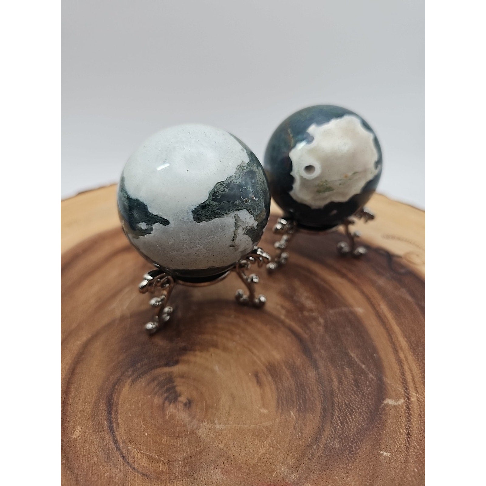 1 Pair Moss Tree Agate Sphere W/Stand 52mm .93lb