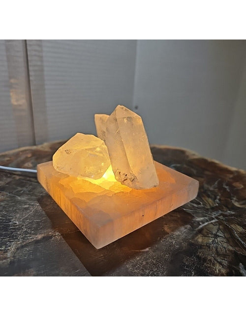 Load image into Gallery viewer, 1.24lb Satin spar recharging plate W/ 3pcs Huge Quartz Crystals &amp; Led Light
