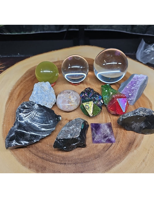 Load image into Gallery viewer, Mix Crystal Lot 2 Glass Sphere, Selenite, Obsidian, Amethyst, Agate,titanium
