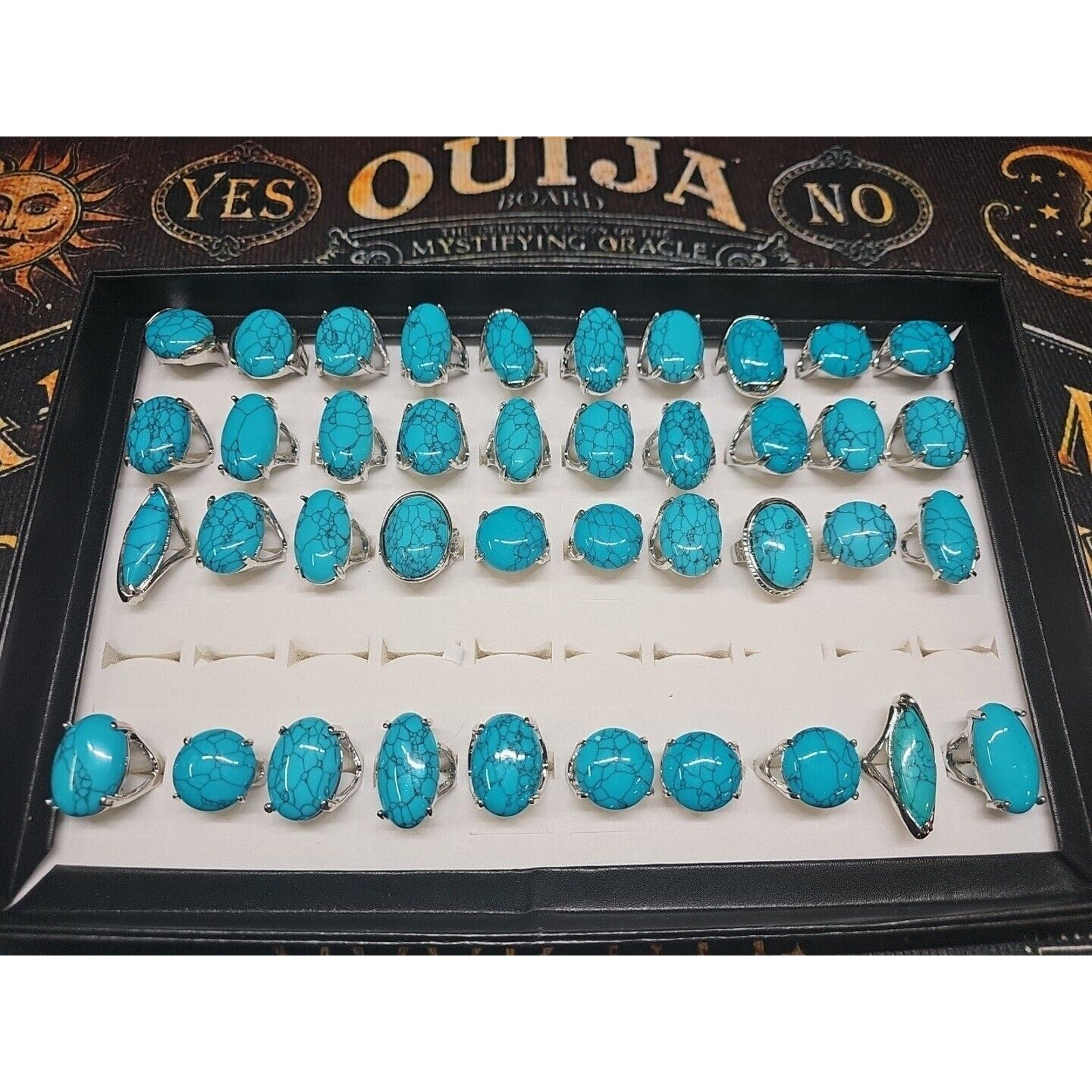 Wholesale Stone Ring Lot 40pcs W/ Box Multiple sizes Turquoise pattern