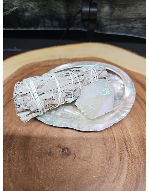 Load image into Gallery viewer, Large Abalone Shell 5-6&quot;: Smudging Sage Sticks Display Sea Shell W/Quartz Point
