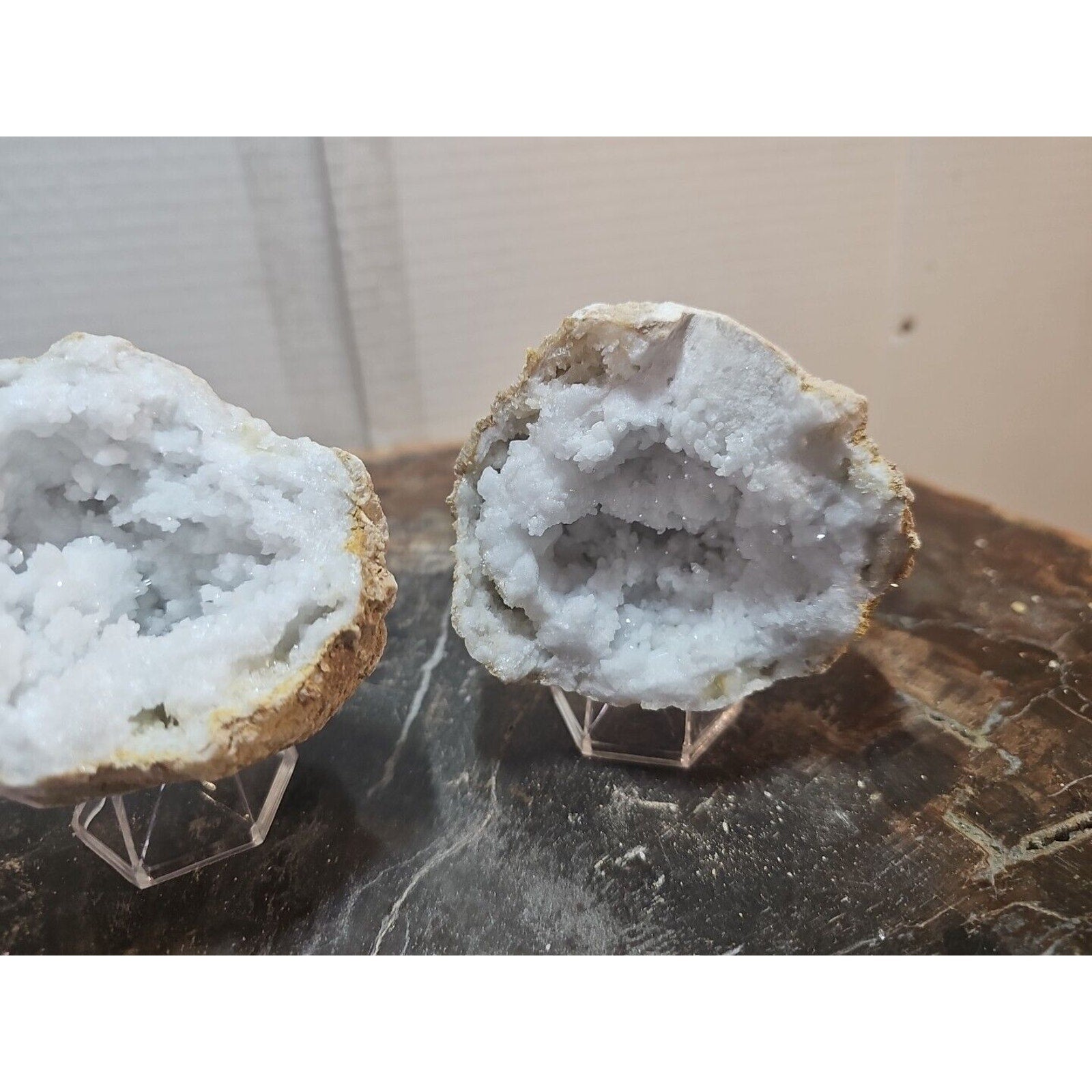 1.18lbs Pair Geode Crystal Moroccan Quartz W /Stands