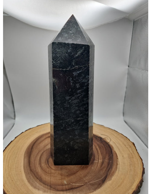 Load image into Gallery viewer, 8.23lb Arfvedsonite Garnet Blue Flashes Crystal Point Tower Polished
