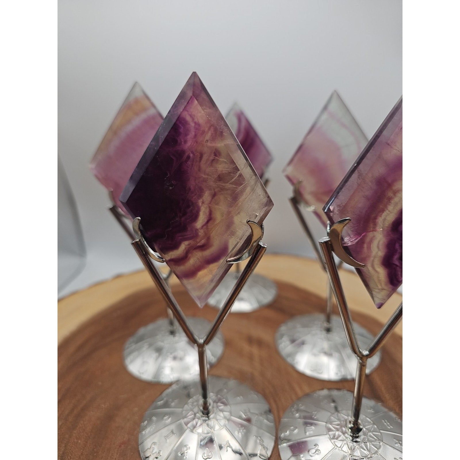 1 Each Natural Rainbow Fluorite Diamond W/ Zodiac stand