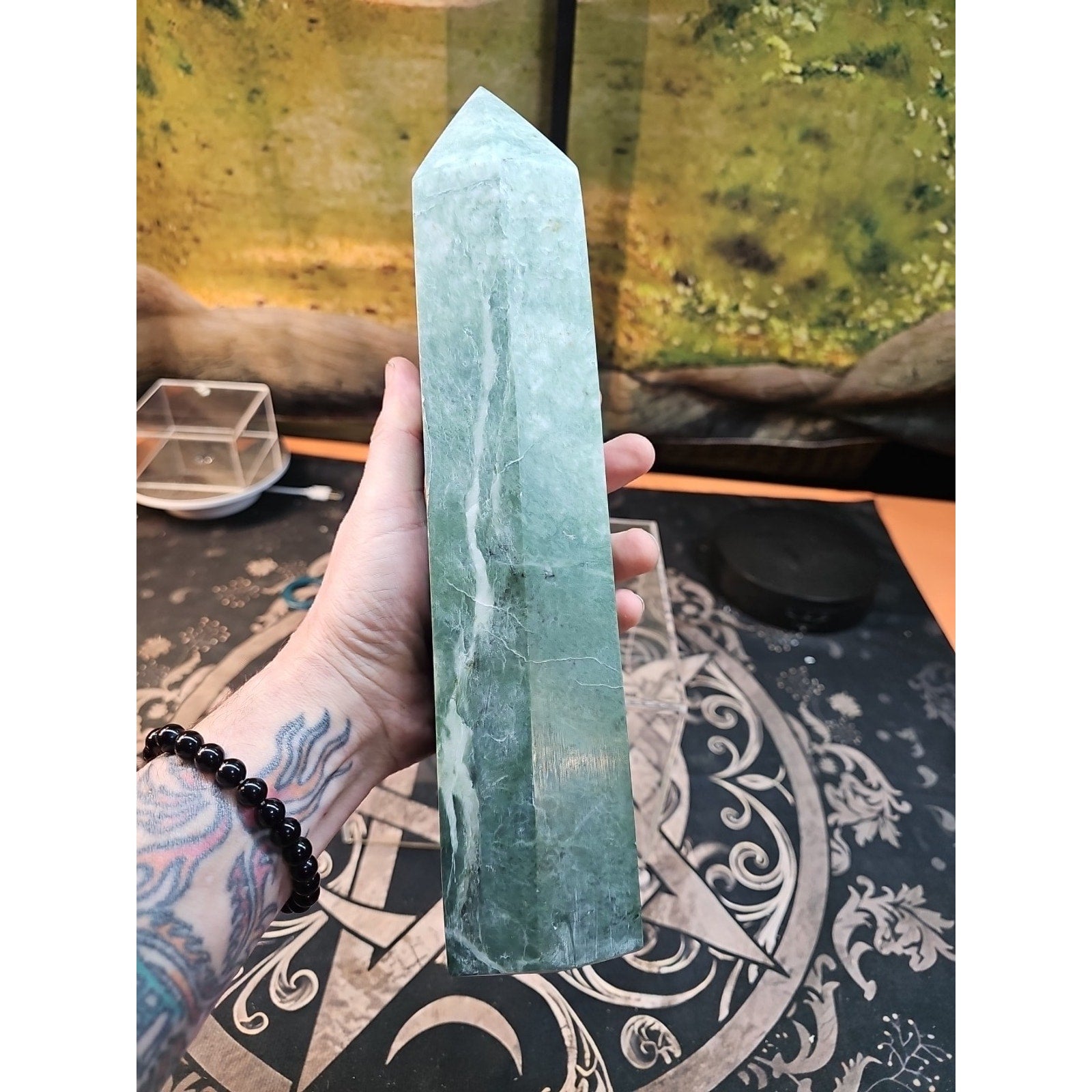 5.04lbs 11.5in Tall Green Jasper Crystal Point Tower Healing
