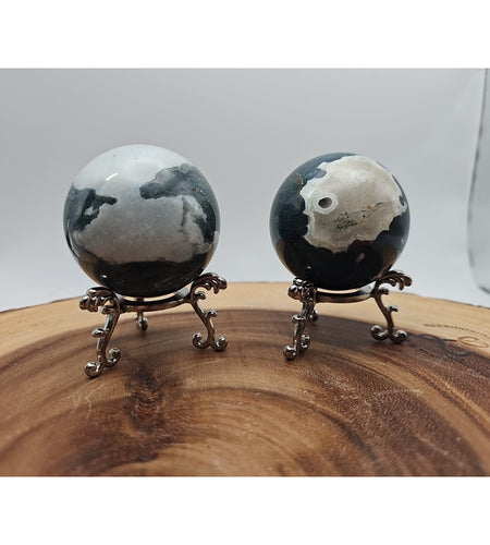 1 Pair Moss Tree Agate Sphere W/Stand 52mm .93lb