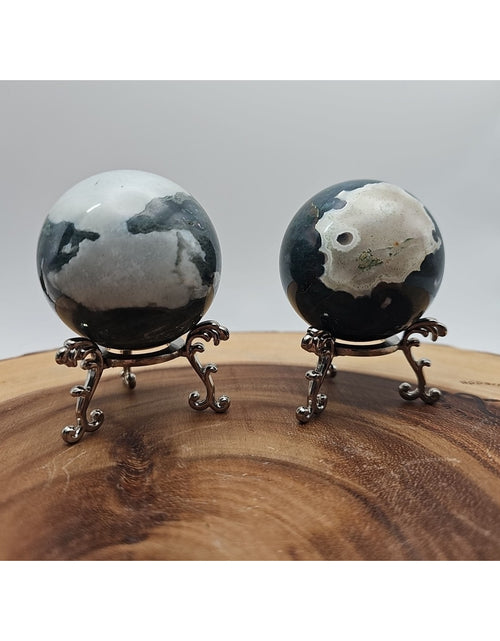 Load image into Gallery viewer, 1 Pair Moss Tree Agate Sphere W/Stand 52mm .93lb
