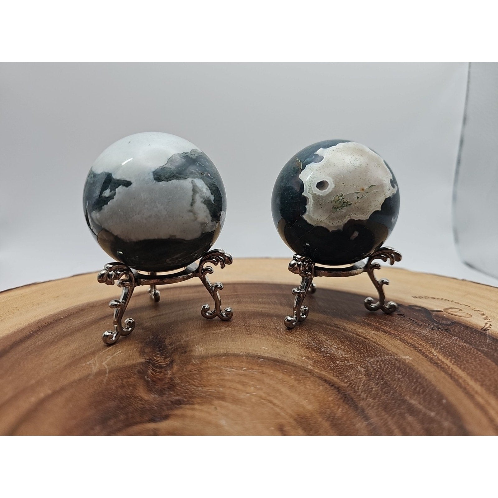 1 Pair Moss Tree Agate Sphere W/Stand 52mm .93lb