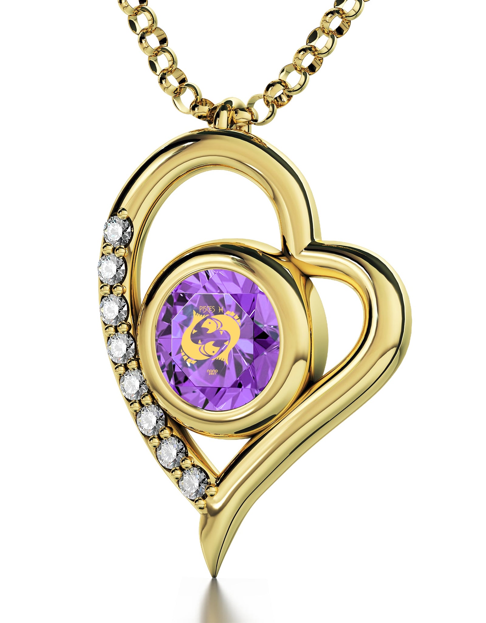 Gold Plated Silver Pisces Necklace Zodiac Heart Pendant 24k Gold Inscribed on Crystal