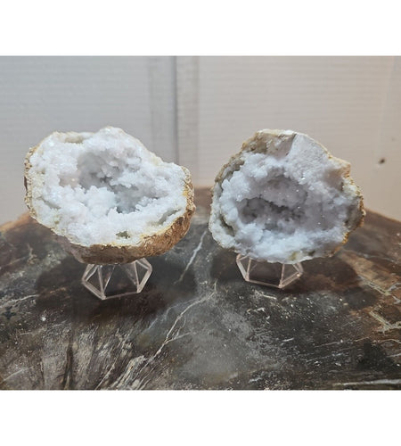 1.18lbs Pair Geode Crystal Moroccan Quartz W /Stands