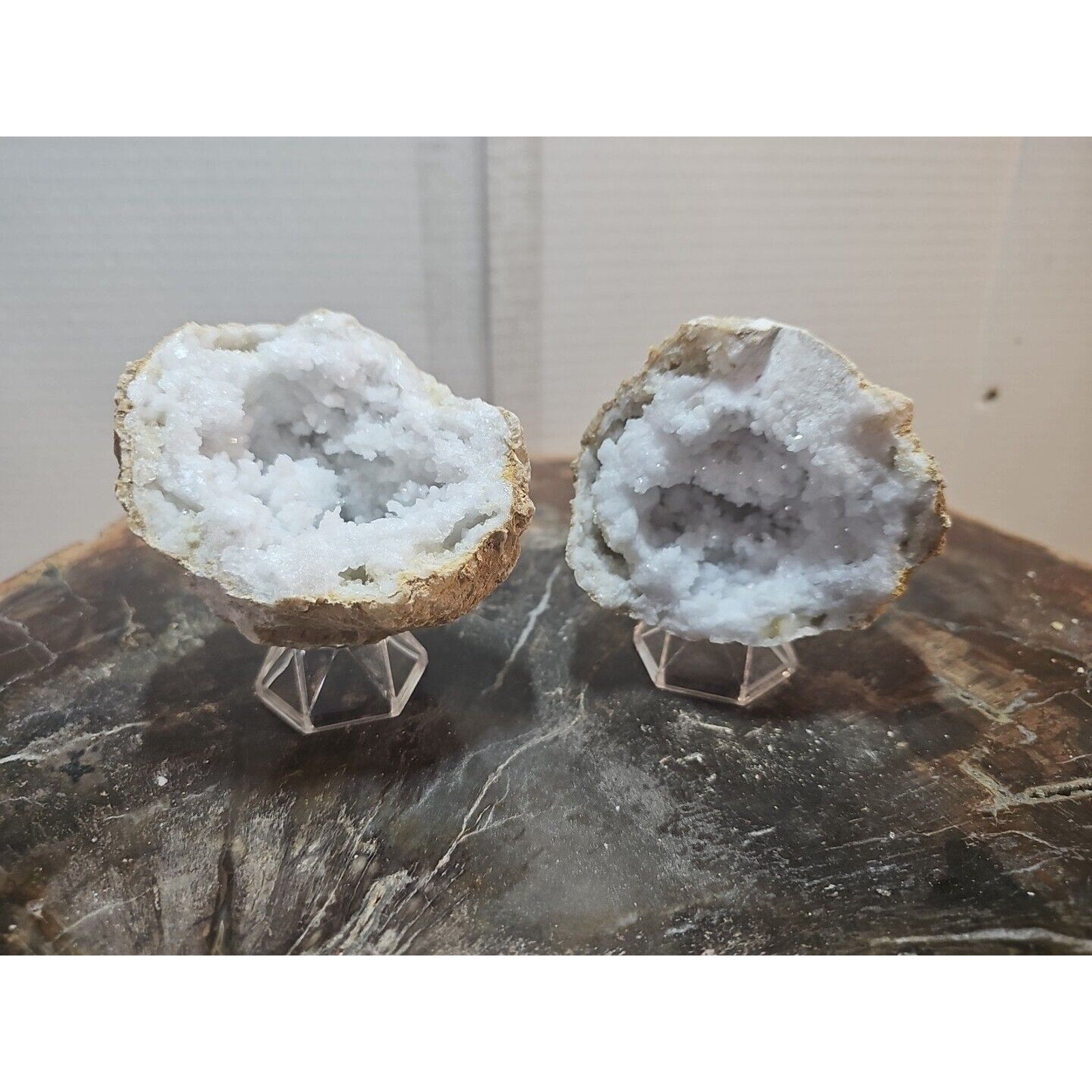 1.18lbs Pair Geode Crystal Moroccan Quartz W /Stands