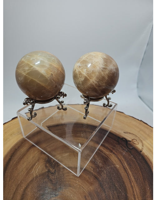 Load image into Gallery viewer, Peach Moonstone Spheres 1 Pair 55mm Each W/Stands
