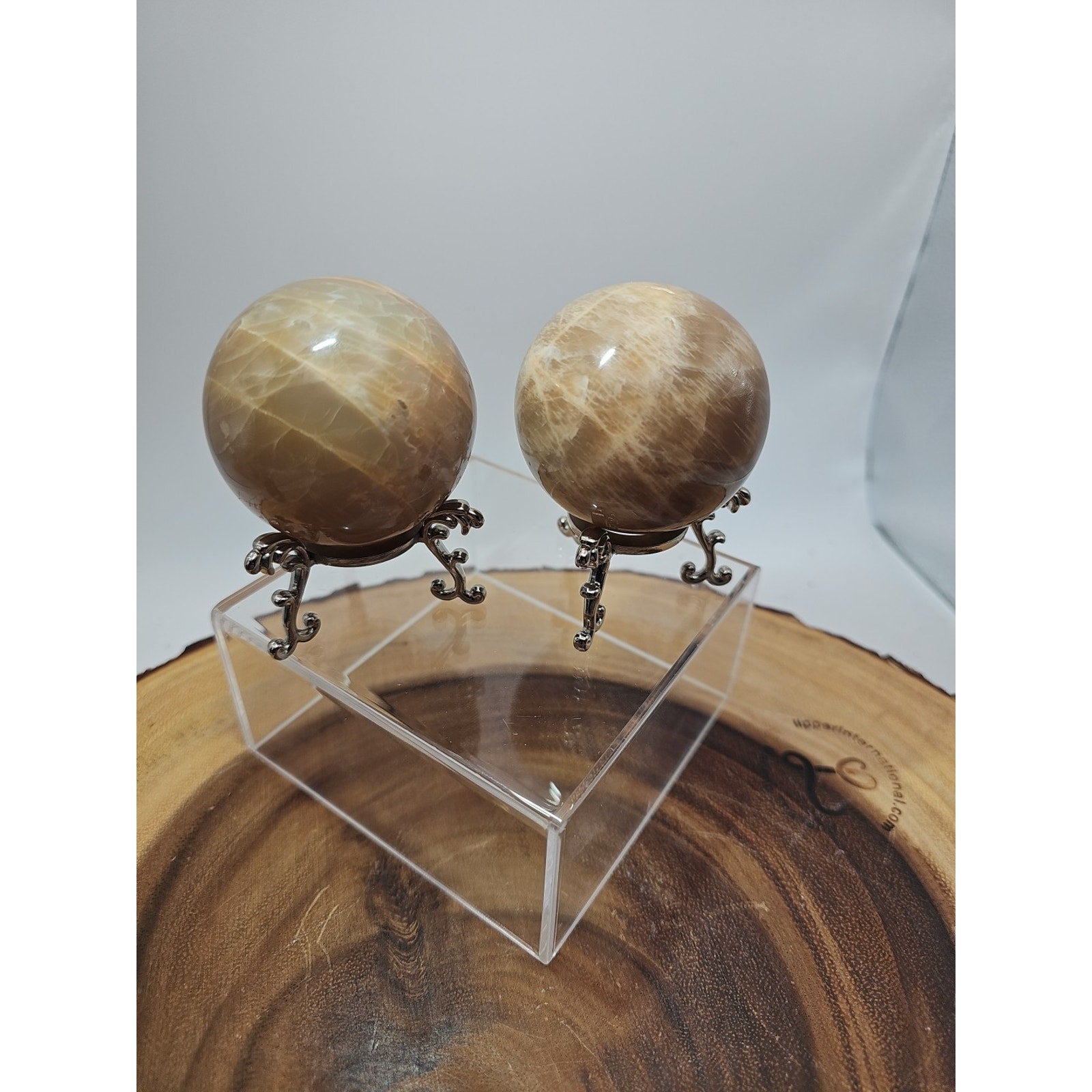 Peach Moonstone Spheres 1 Pair 55mm Each W/Stands