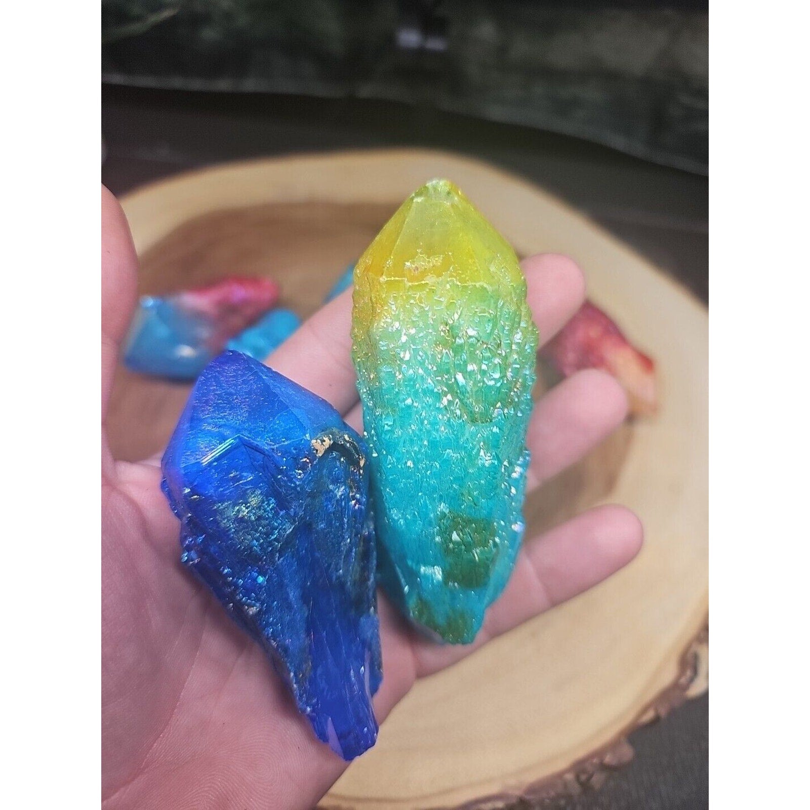 1.75LB 7Pcs Rainbow Aqua Aura Quartz Crystal Cluster Points Titanium Coating
