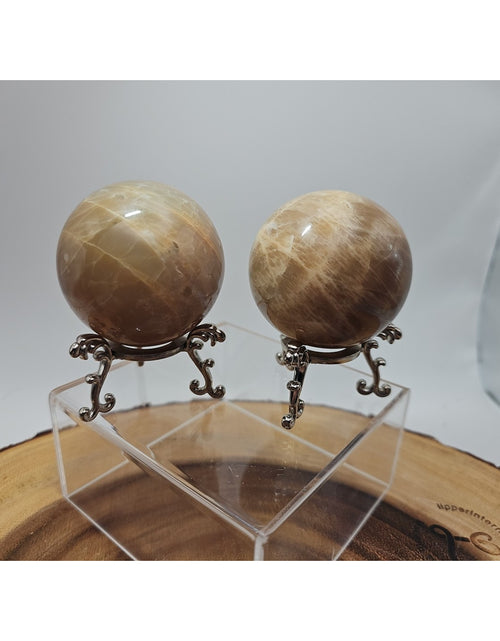 Load image into Gallery viewer, Peach Moonstone Spheres 1 Pair 55mm Each W/Stands
