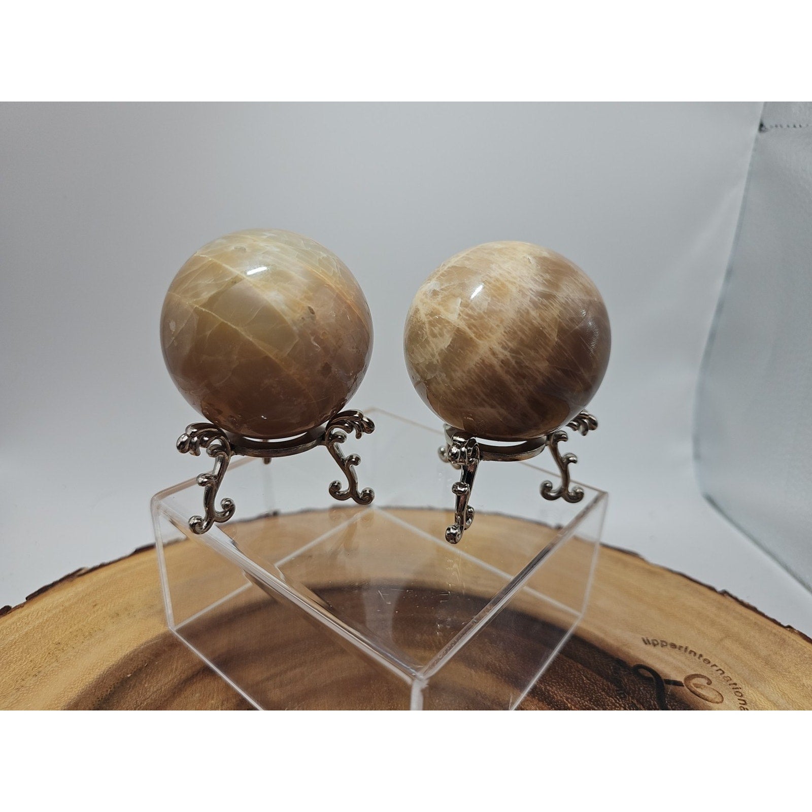 Peach Moonstone Spheres 1 Pair 55mm Each W/Stands