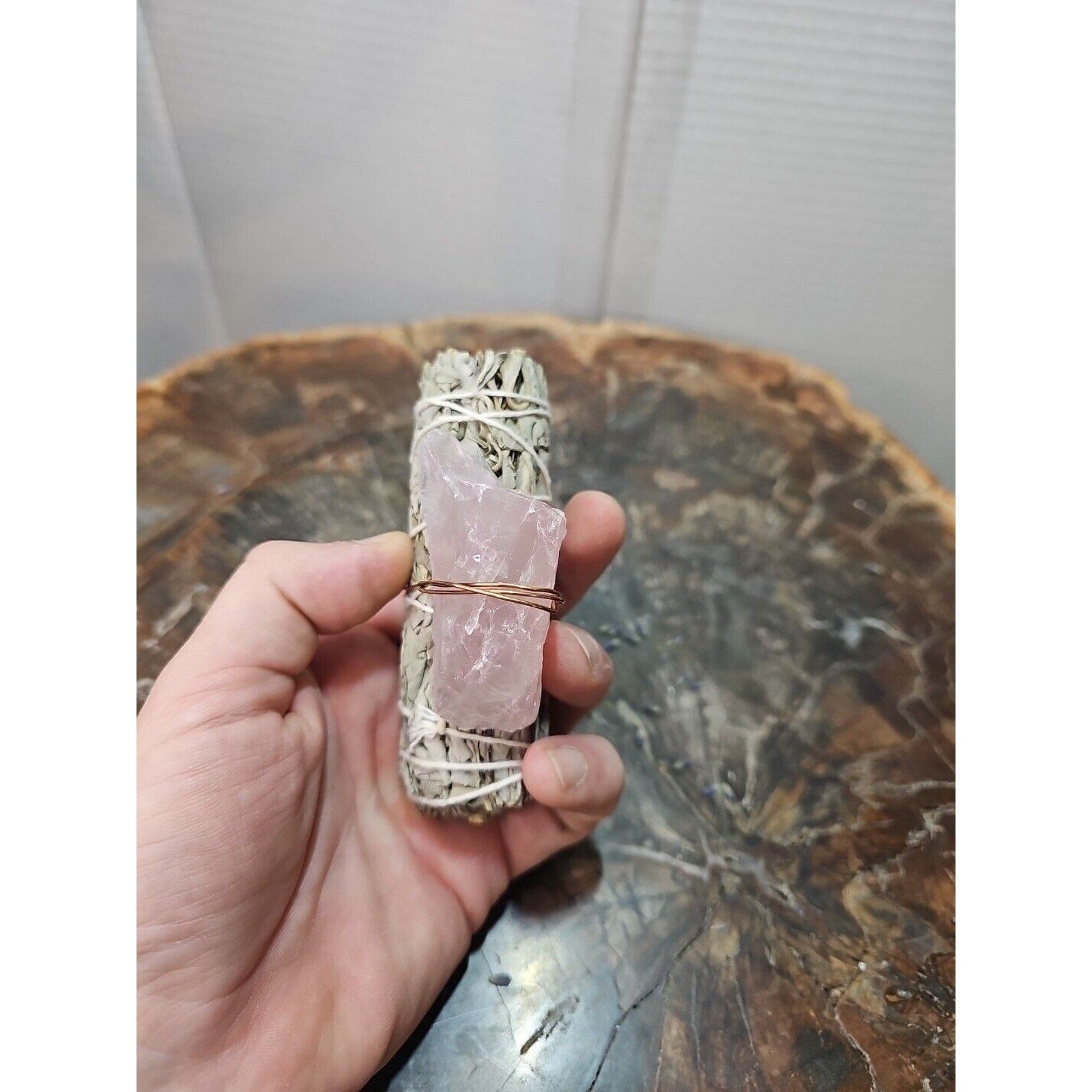 Sage wrapped crystal W/ Huge Rose Quartz Healing