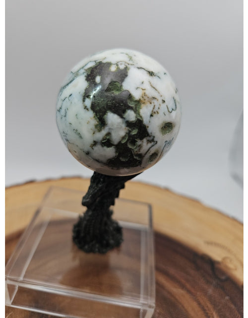 Load image into Gallery viewer, Tree Agate Sphere .45lb 53mm W/Dragon Stand
