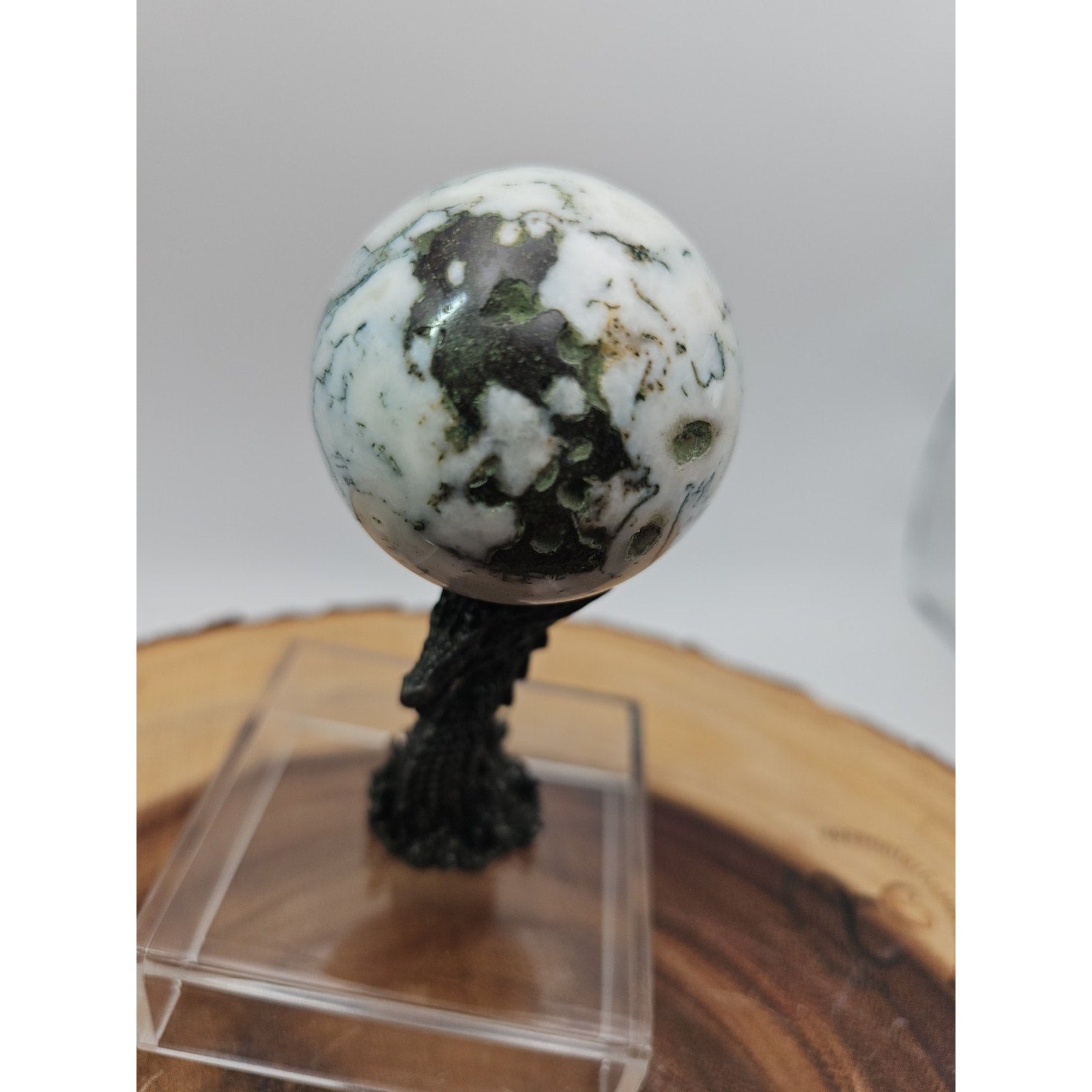 Tree Agate Sphere .45lb 53mm W/Dragon Stand