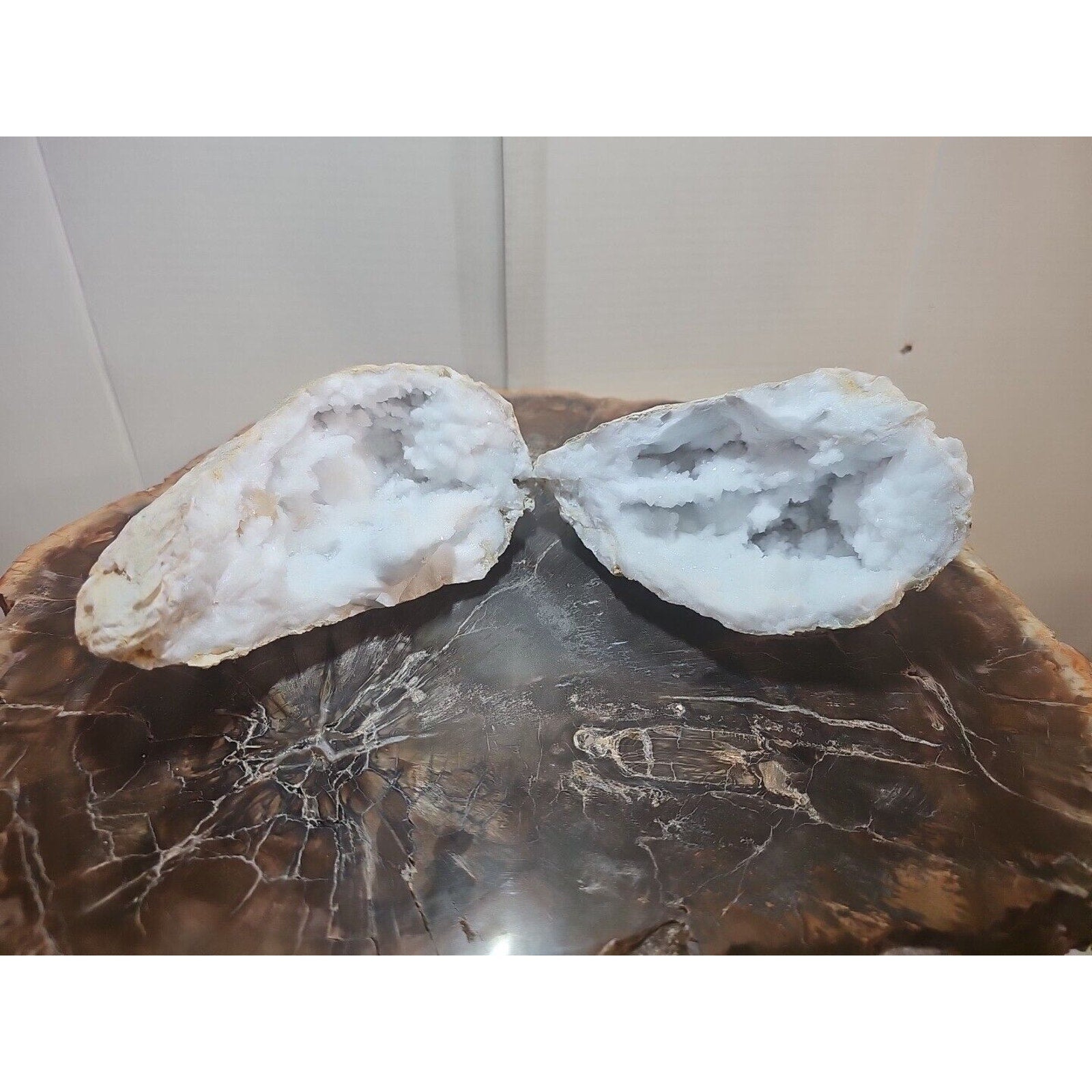 3.88lbs Large Pair Geode Crystal Moroccan Quartz W /Stand