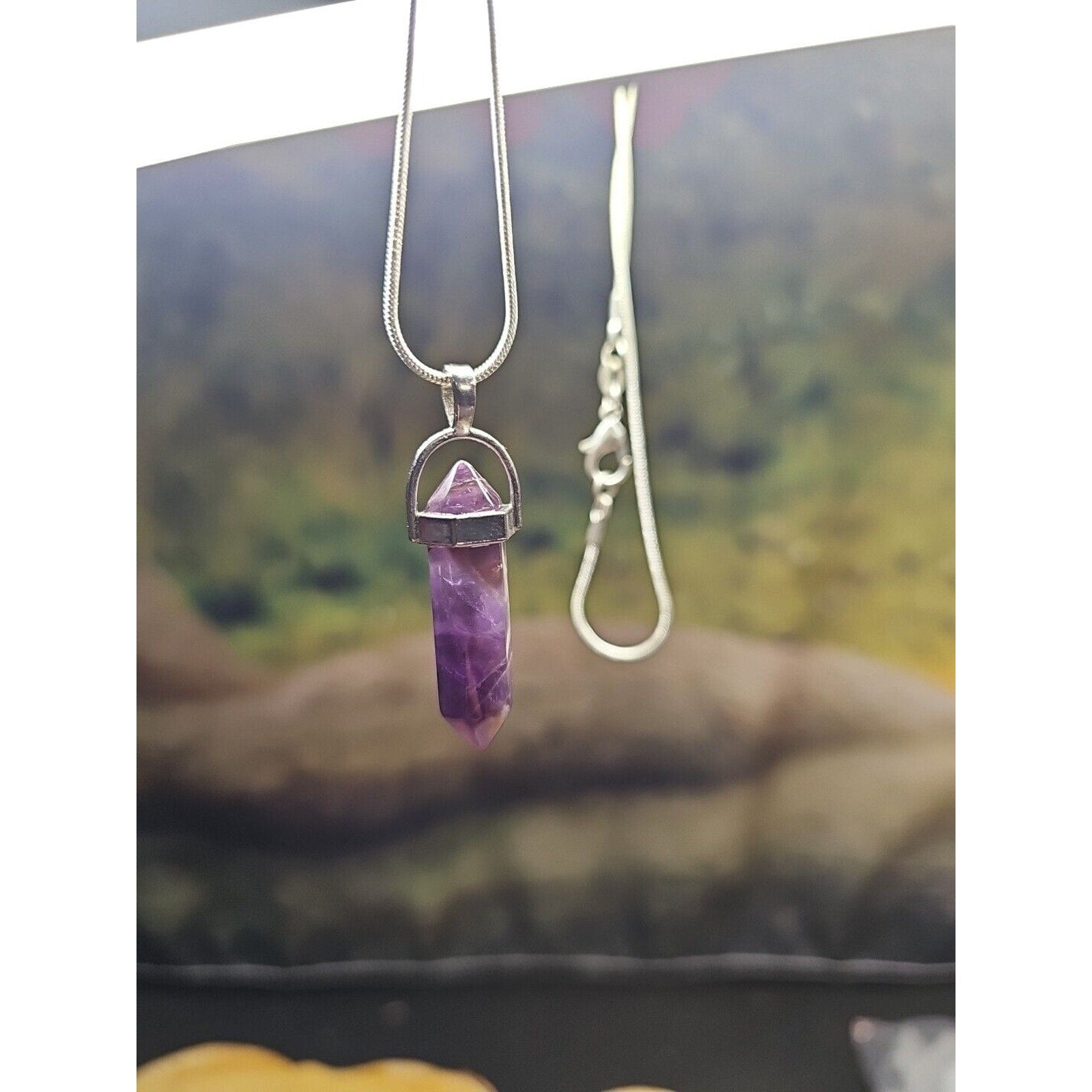 Amethyst Crystal Necklace 16in Silver Chain