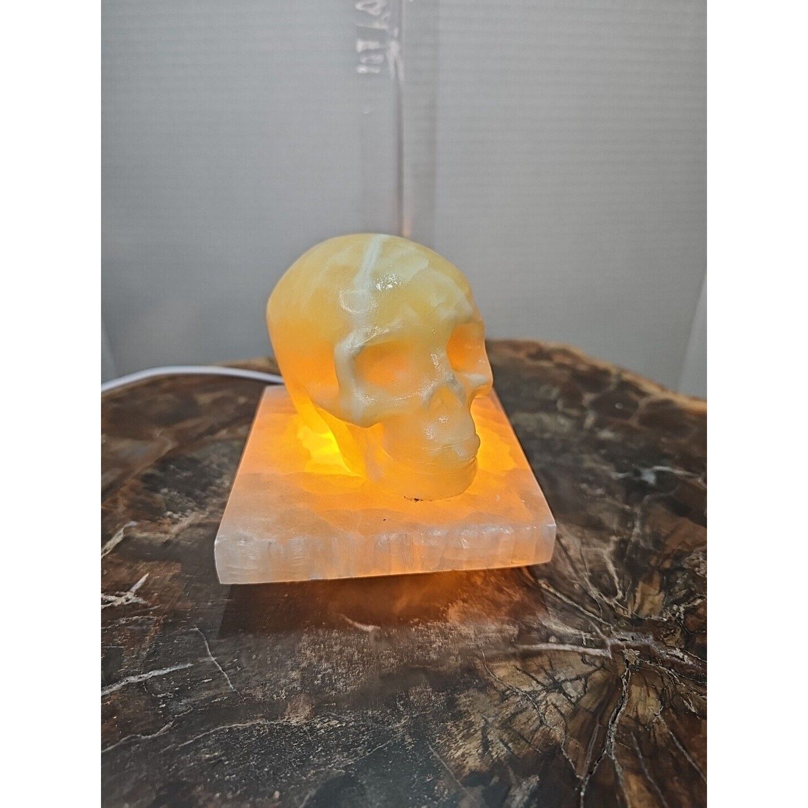 2.17LB 2Pcs Natural Translucent Calcite Crystal Skull W/satin Spar Base & Led