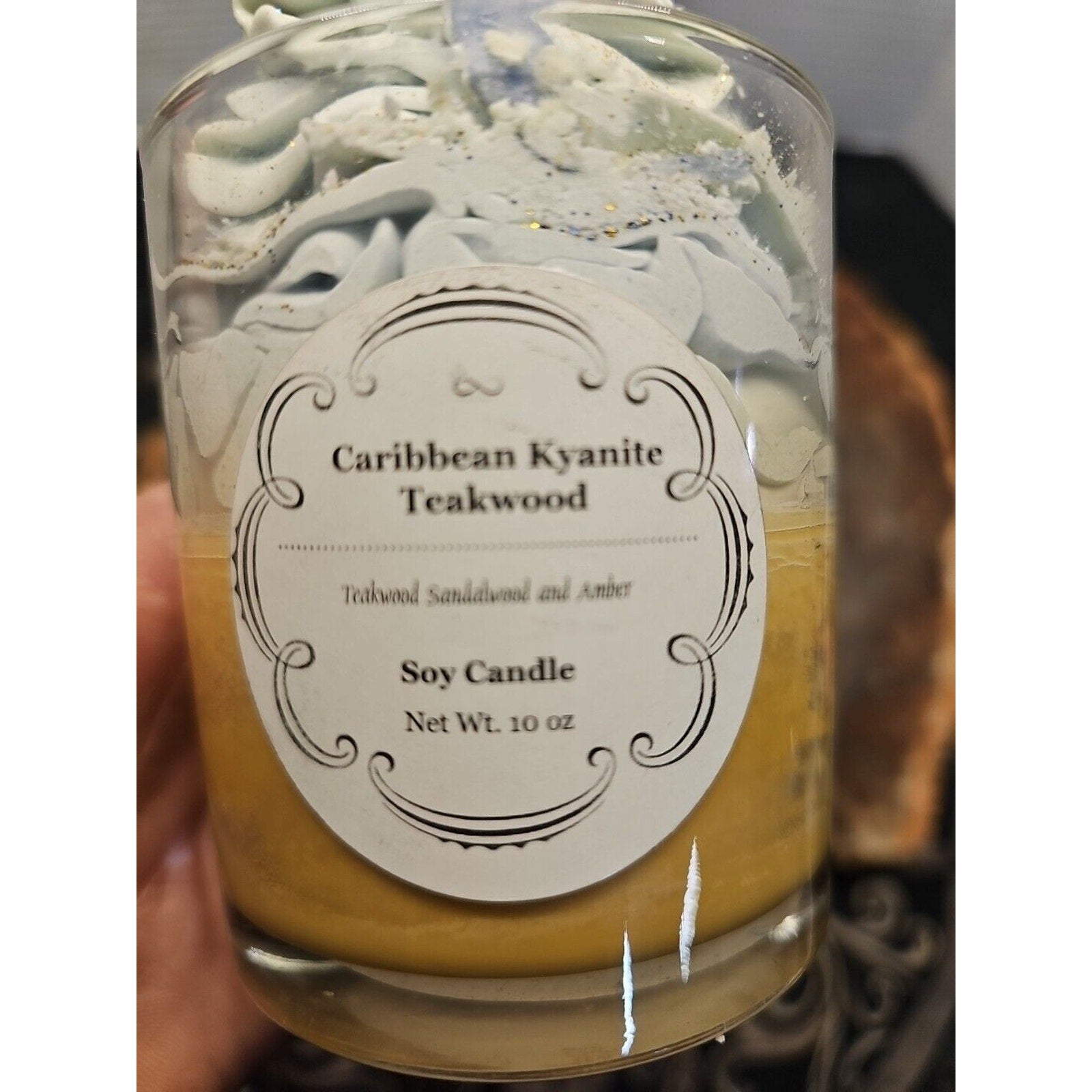 Kyanite Teakwood Candle 10oz Soy W/ Real Stones