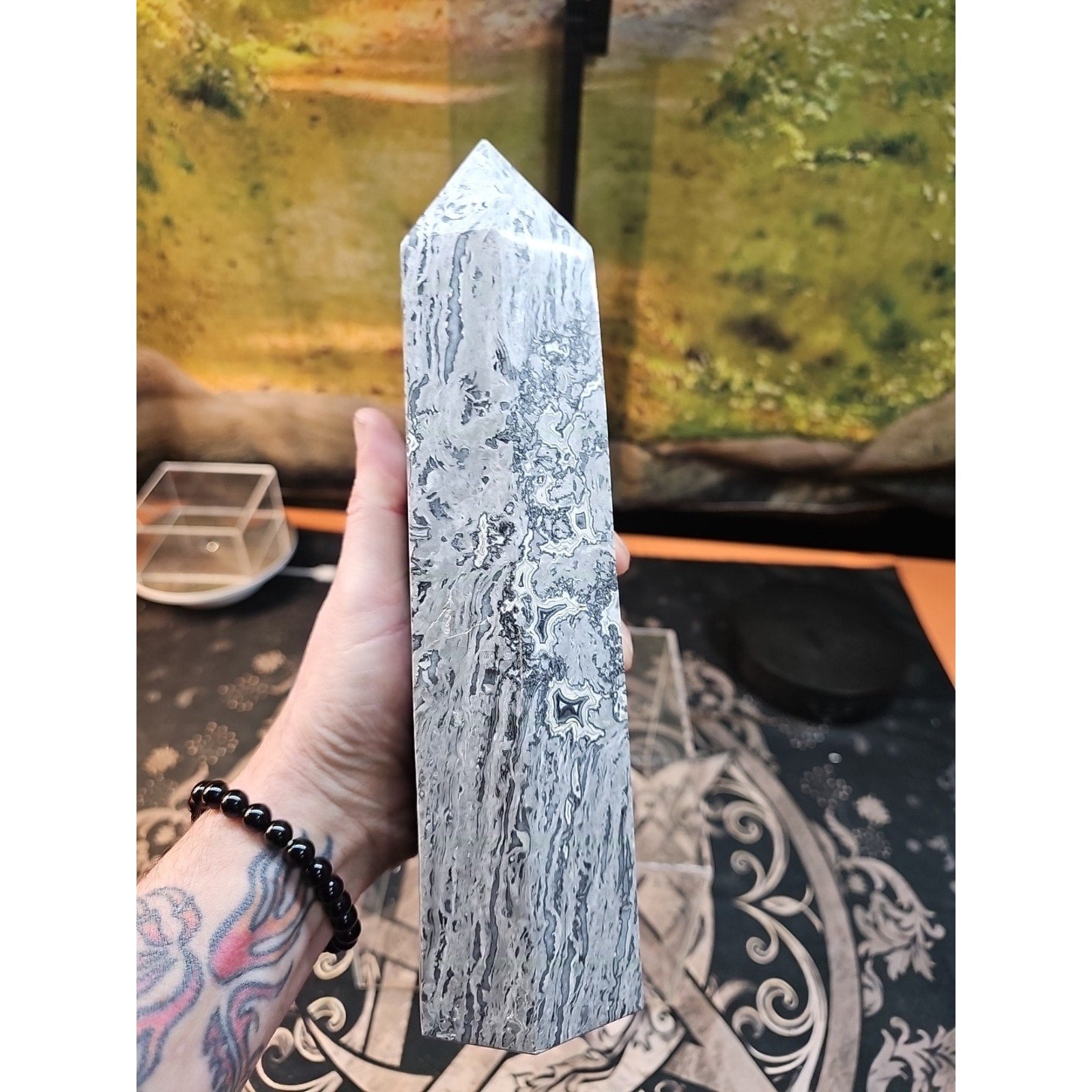 4.83lb 10in Tall Crazy Lace Jasper Crystal Point Tower Healing
