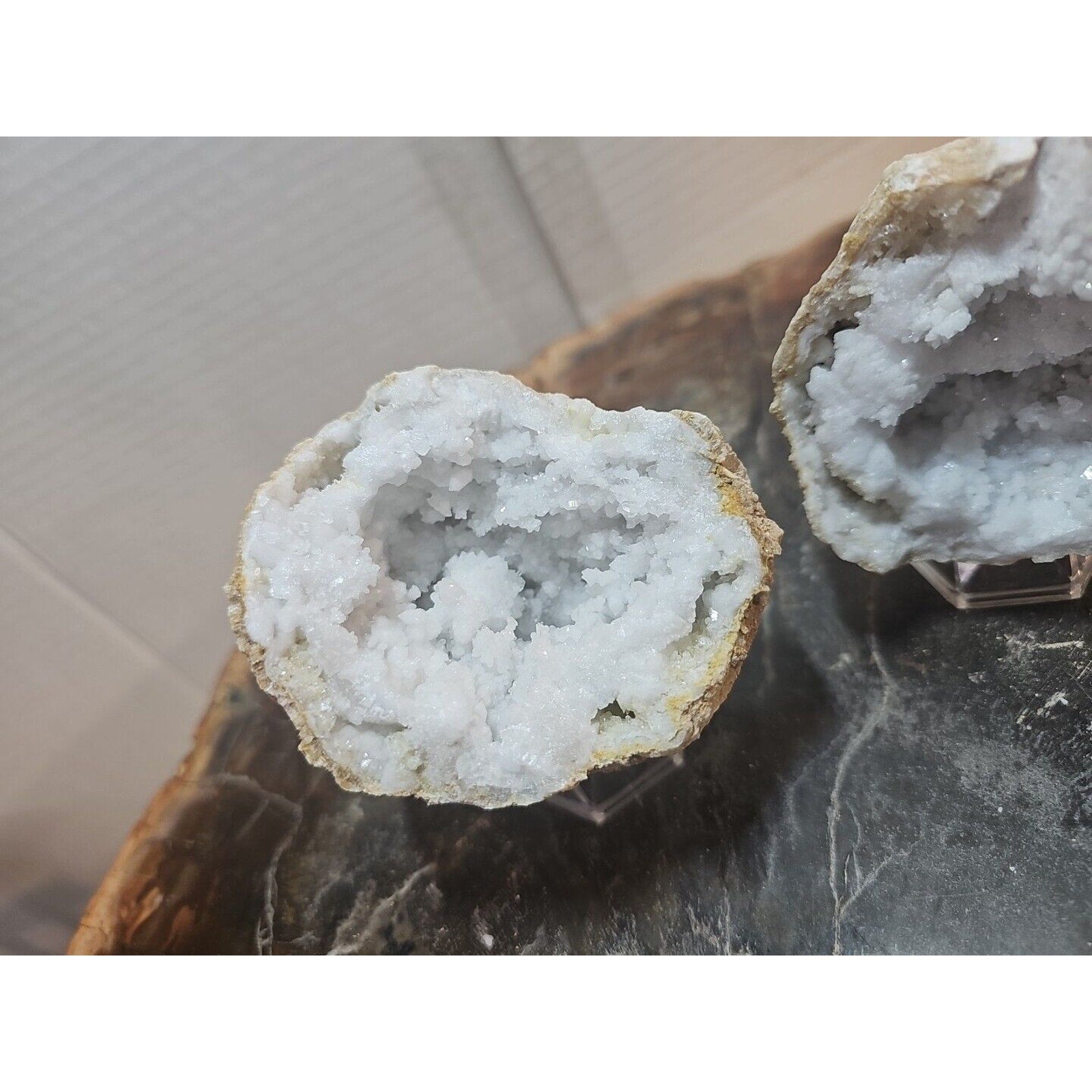 1.18lbs Pair Geode Crystal Moroccan Quartz W /Stands