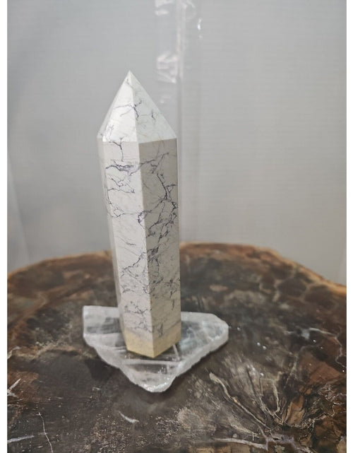 Load image into Gallery viewer, 1 Natural White Howlite Crystal Tower Obelisk Polished W/Selenite Base
