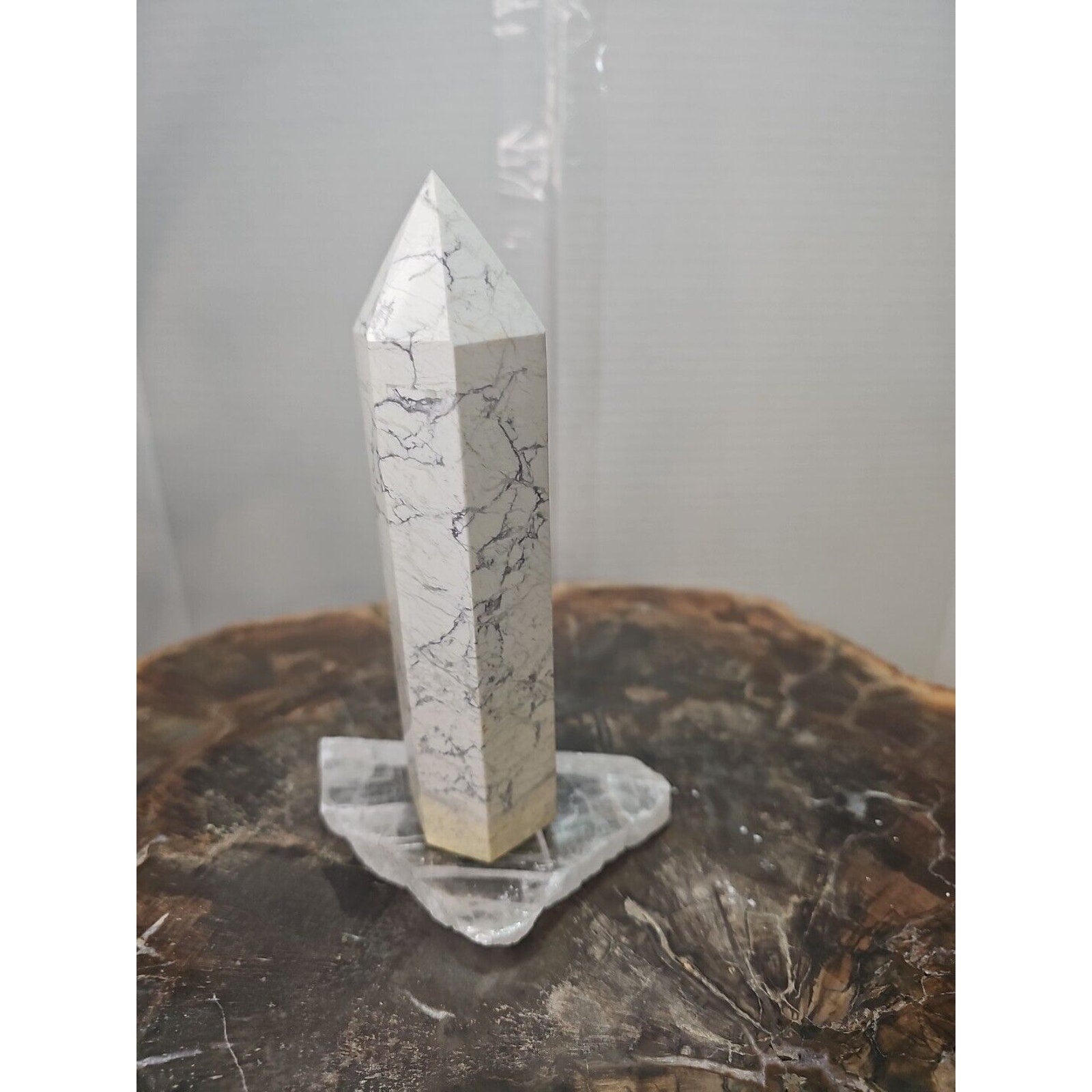 1 Natural White Howlite Crystal Tower Obelisk Polished W/Selenite Base