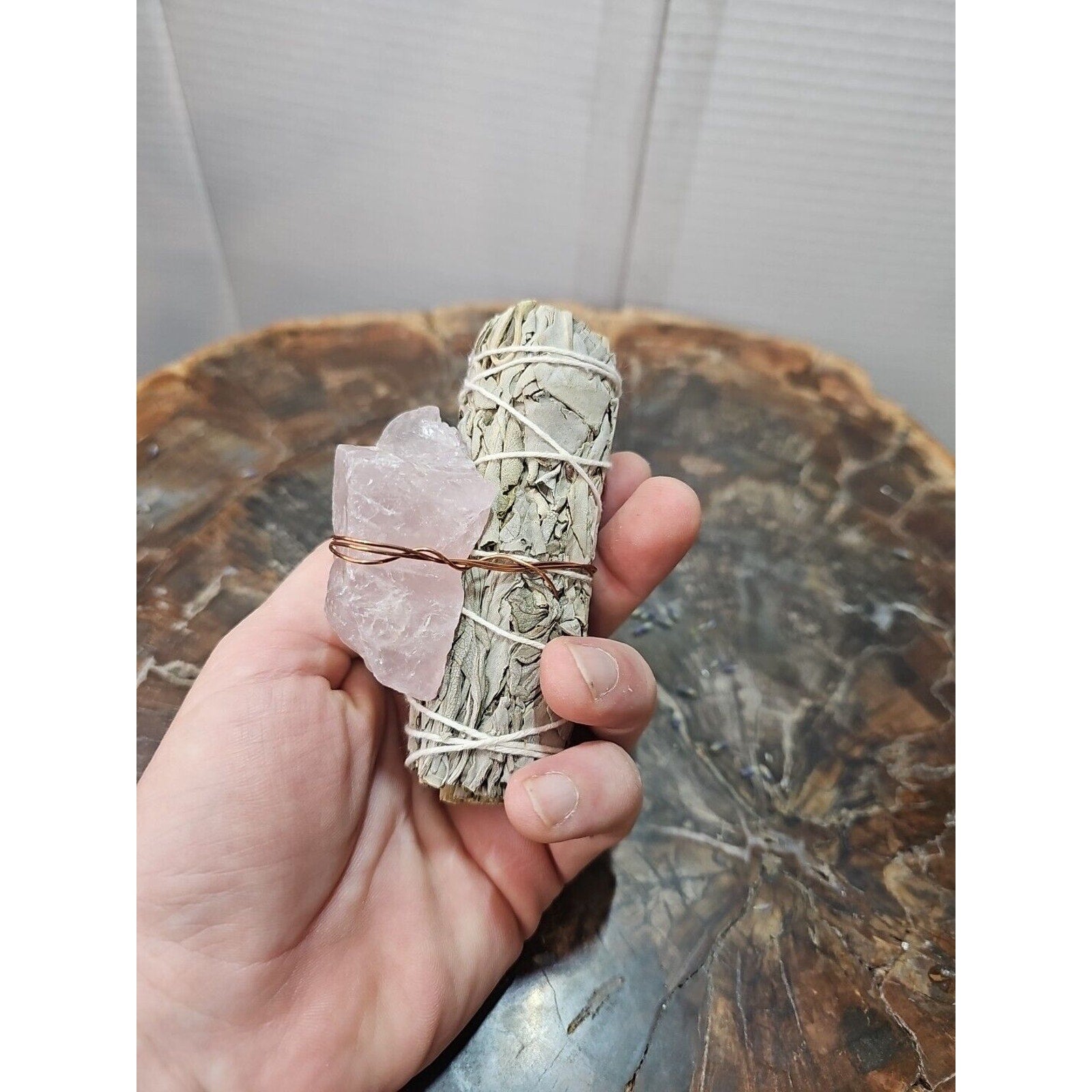 Sage wrapped crystal W/ Huge Rose Quartz Healing