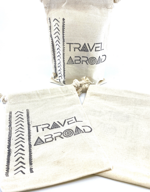 Load image into Gallery viewer, Hand Stamped, Travel Abroad, Cotton Drawstring Pouches 4&quot; x 6&quot;
