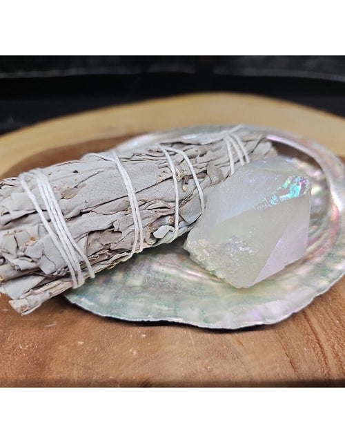 Load image into Gallery viewer, Large Abalone Shell 5-6&quot;: Smudging Sage Sticks Display Sea Shell W/Quartz Point
