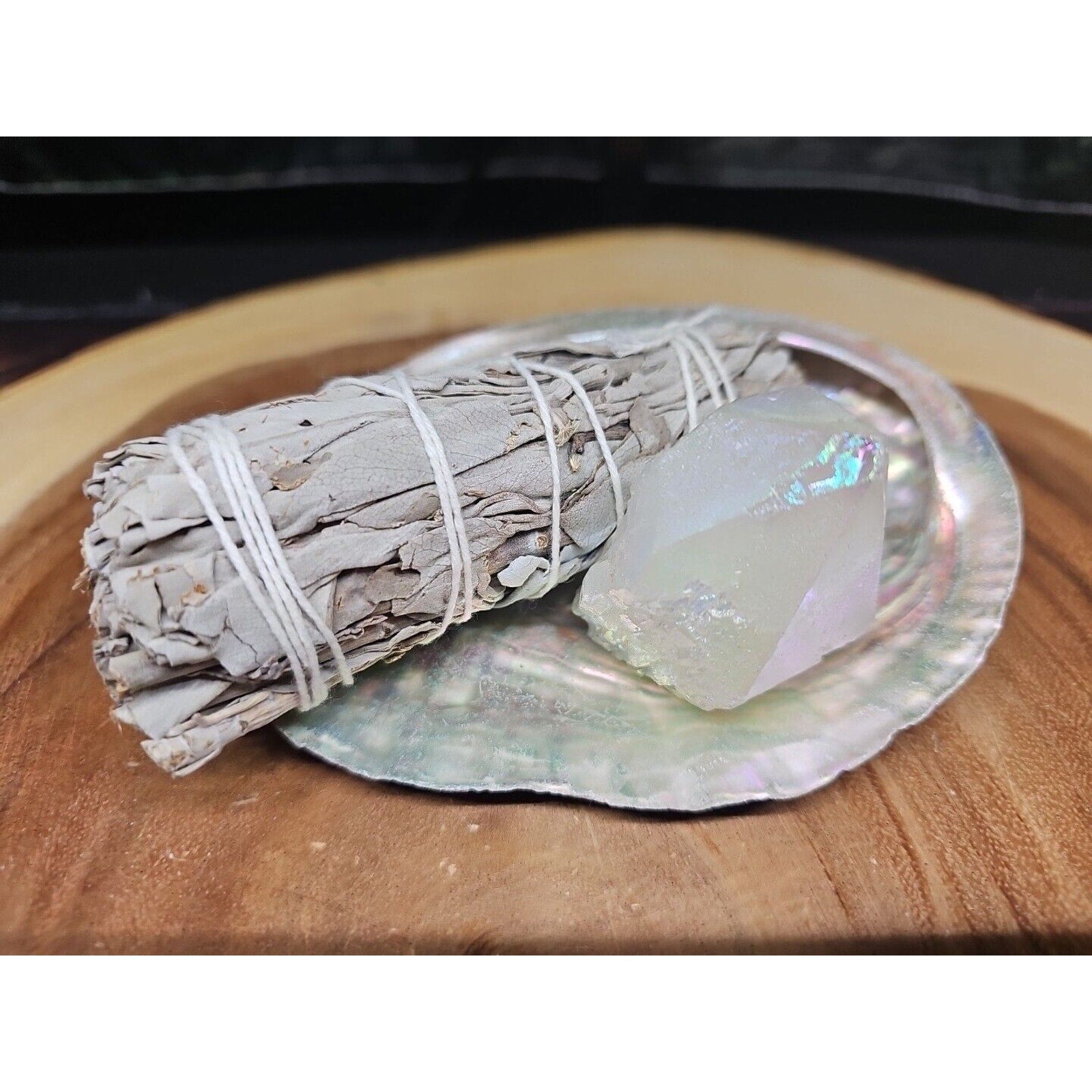 Large Abalone Shell 5-6": Smudging Sage Sticks Display Sea Shell W/Quartz Point