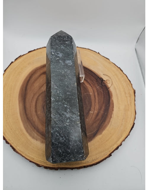 Load image into Gallery viewer, 4.3lb Arfvedsonite Garnet Blue Flashes Crystal Point Tower Polished
