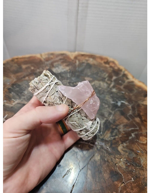 Load image into Gallery viewer, Sage wrapped crystal W/ Huge Rose Quartz Healing
