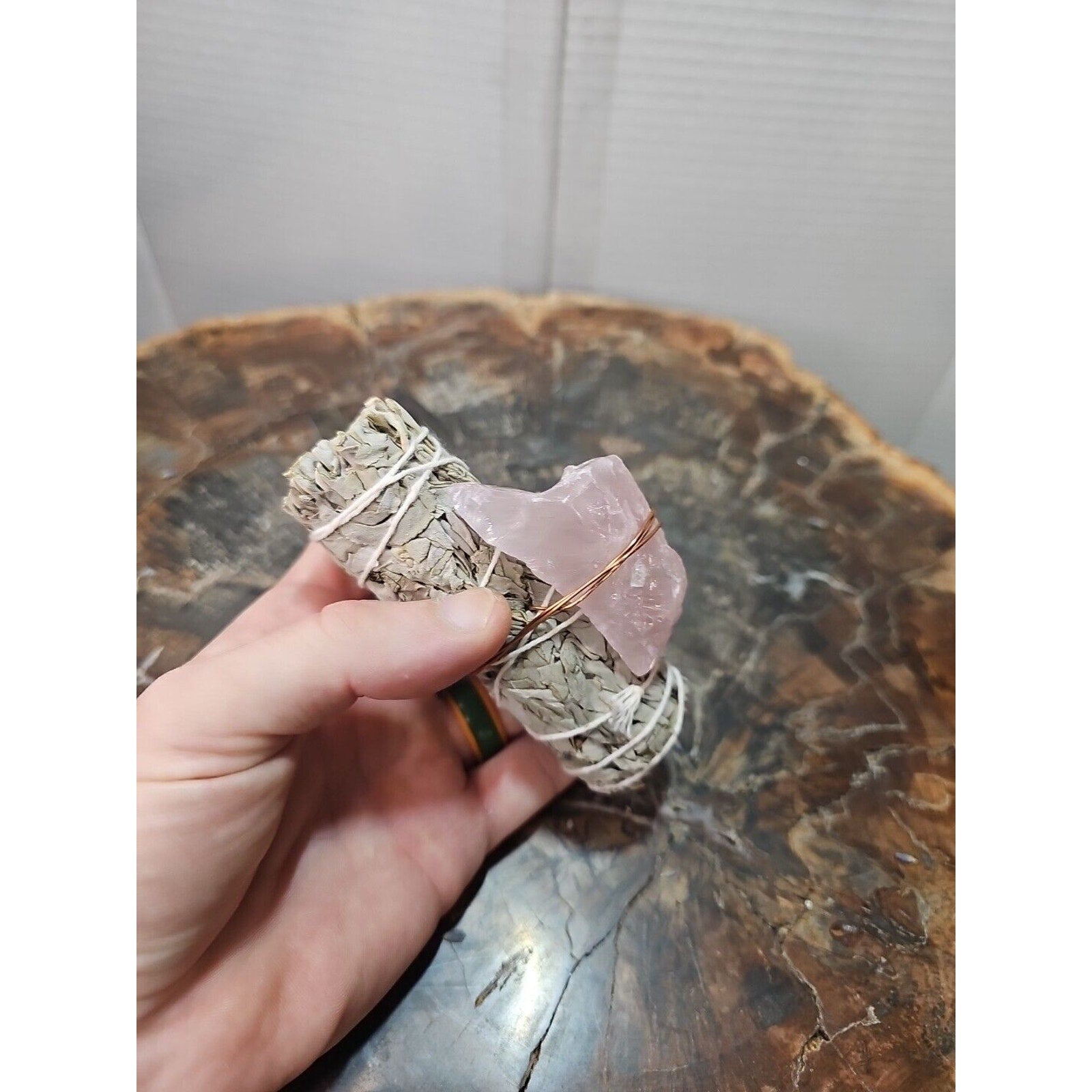 Sage wrapped crystal W/ Huge Rose Quartz Healing