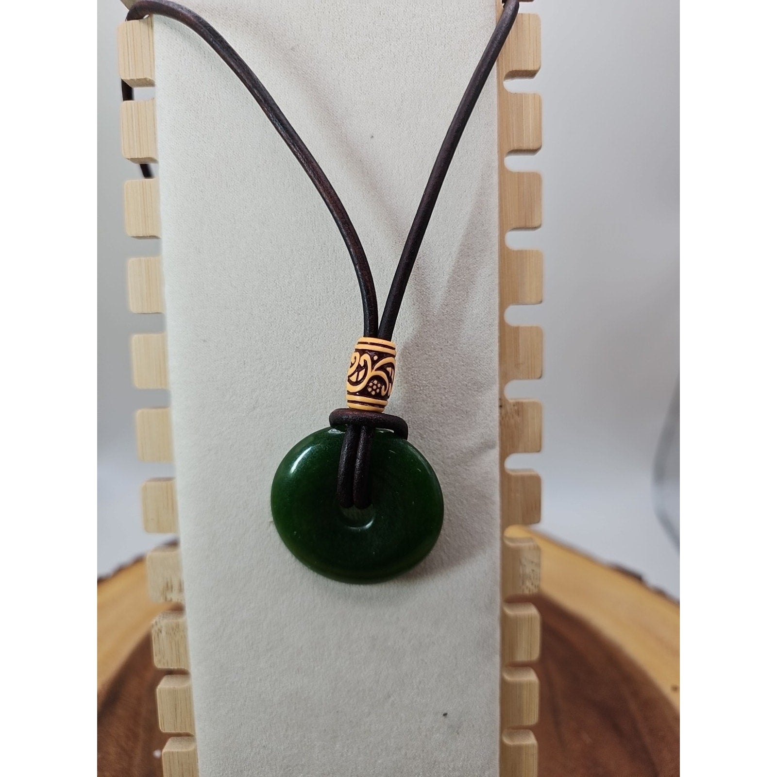 Green jade good luck pendant 16in Leather Cord