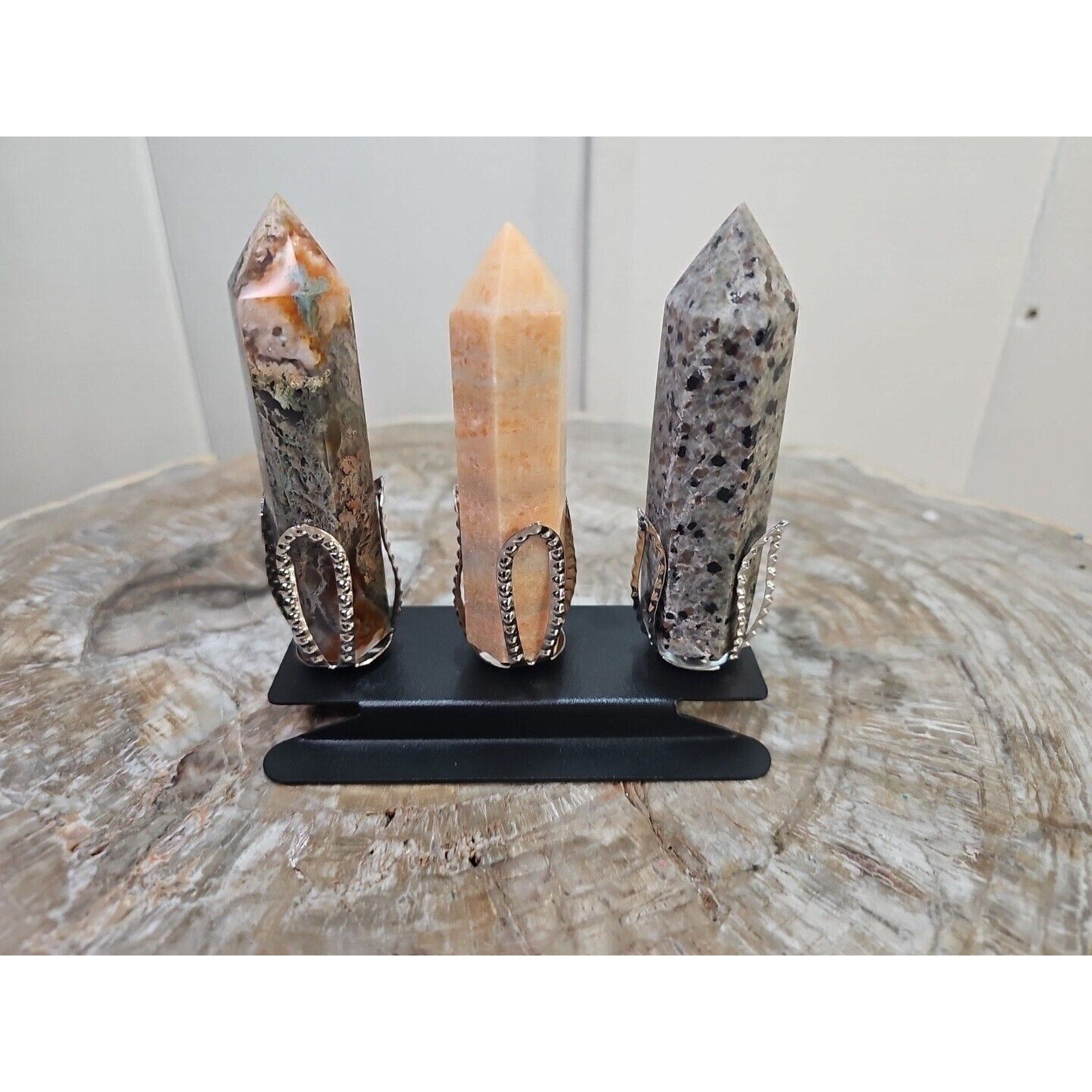 313g 3Pcs A Set Of Natural Quartz Crystal Jasper Point Tower Polished W/STAND