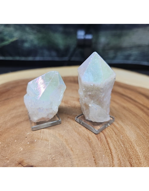 Load image into Gallery viewer, 2 Titanium Aura Quartz Crystal Points On Glass Stands 121grams
