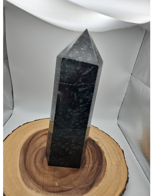 Load image into Gallery viewer, 8.23lb Arfvedsonite Garnet Blue Flashes Crystal Point Tower Polished
