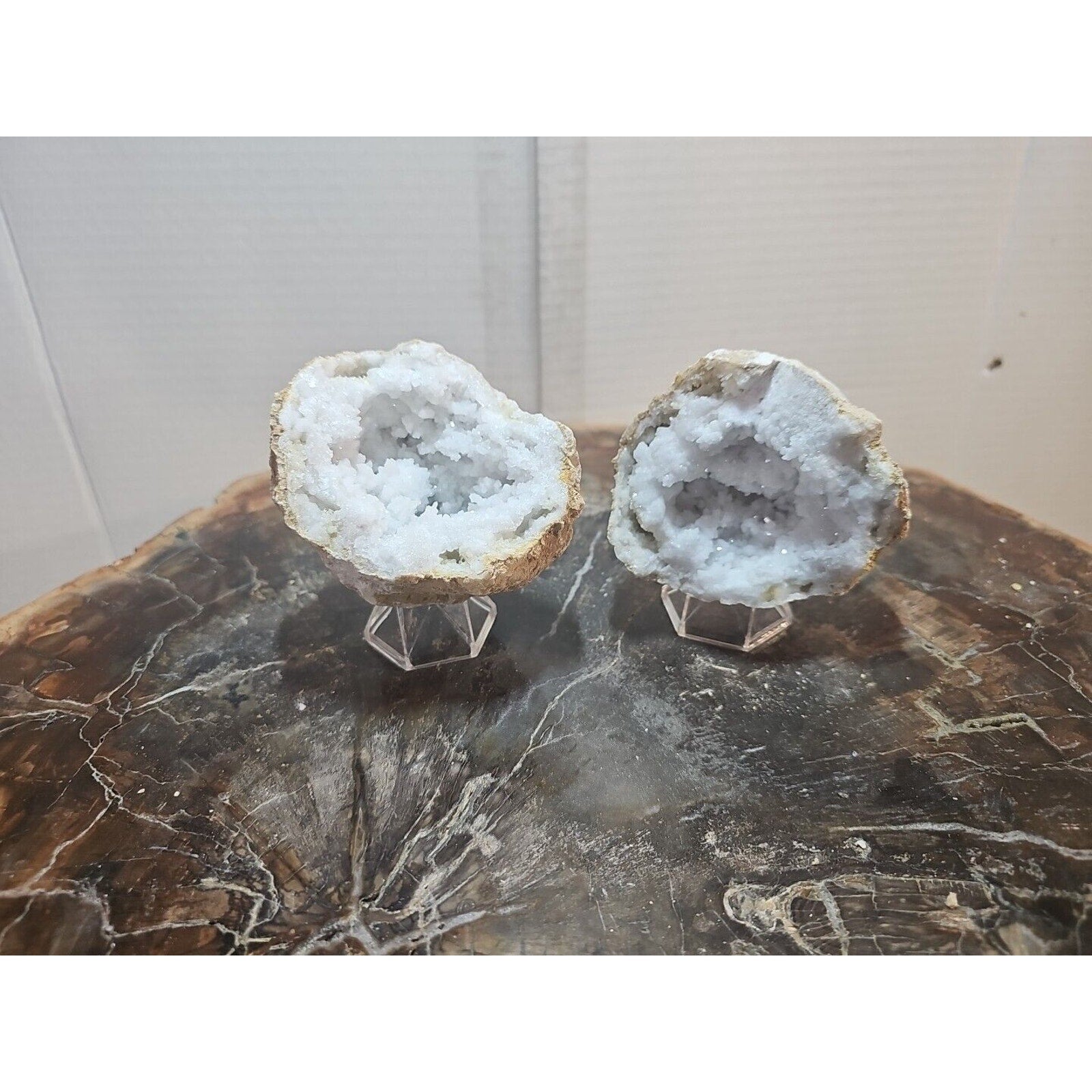 1.18lbs Pair Geode Crystal Moroccan Quartz W /Stands