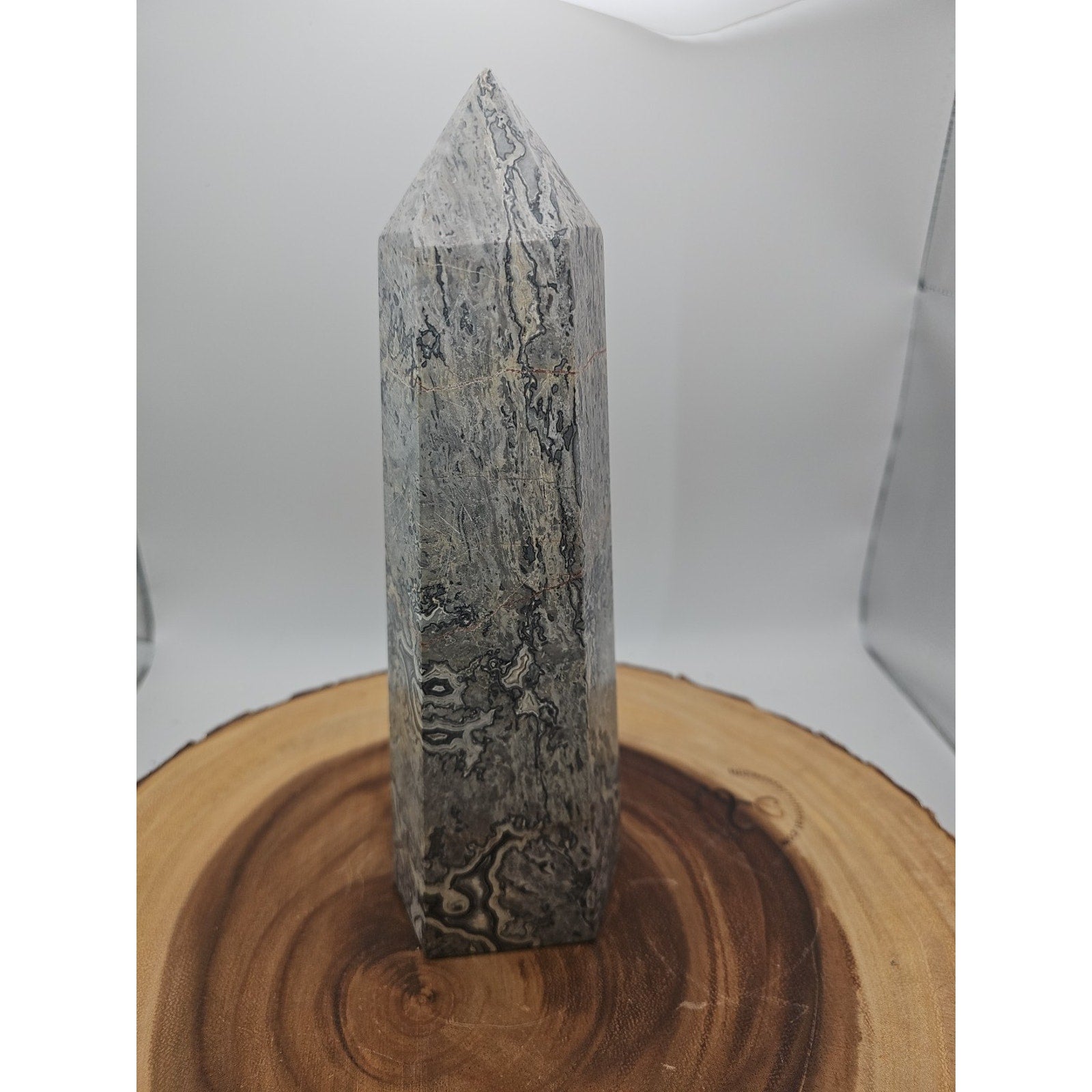 3.81LB 1Pcs Natural Gray Crazy Lace Jasper Crystal Point Tower Healing
