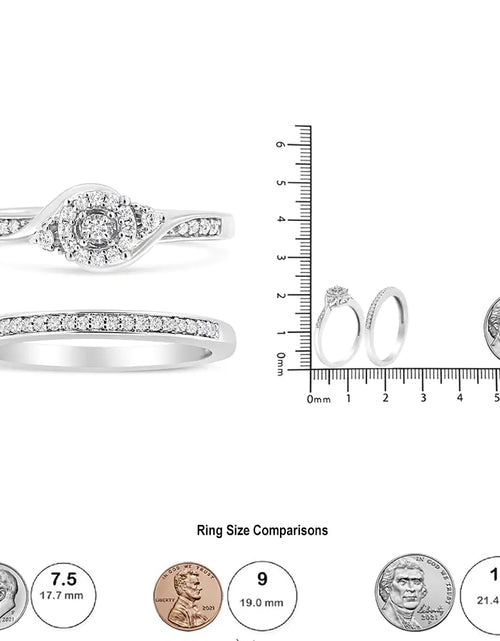 Load image into Gallery viewer, .925 Sterling Silver 1/4 Cttw Diamond Halo and Swirl Engagement Ring and Wedding Band Set (I-J Color, I3 Clarity)
