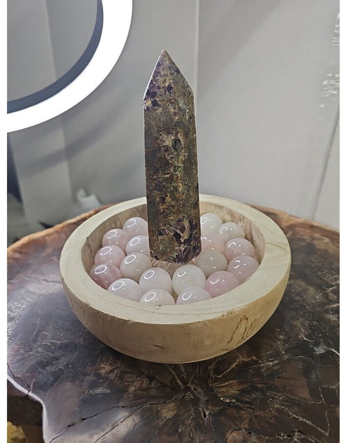 Load image into Gallery viewer, 1.90LB 1Pcs Natural Purple Tower &amp; 22 Rose Quartz Crystal Spheres W/wood Bowl
