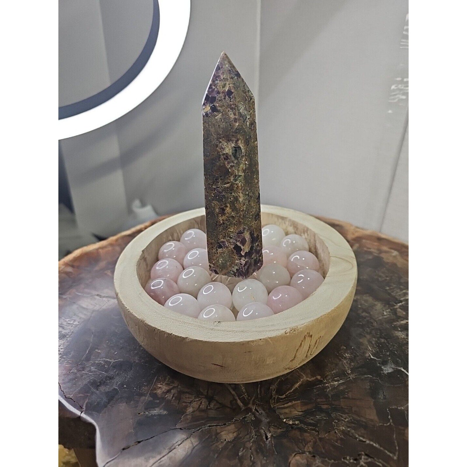 1.90LB 1Pcs Natural Purple Tower & 22 Rose Quartz Crystal Spheres W/wood Bowl