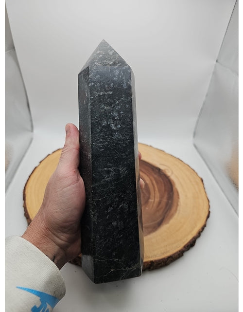 Load image into Gallery viewer, 4.3lb Arfvedsonite Garnet Blue Flashes Crystal Point Tower Polished
