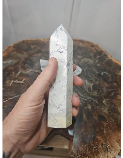 Load image into Gallery viewer, 1 Natural White Howlite Crystal Tower Obelisk Polished W/Selenite Base
