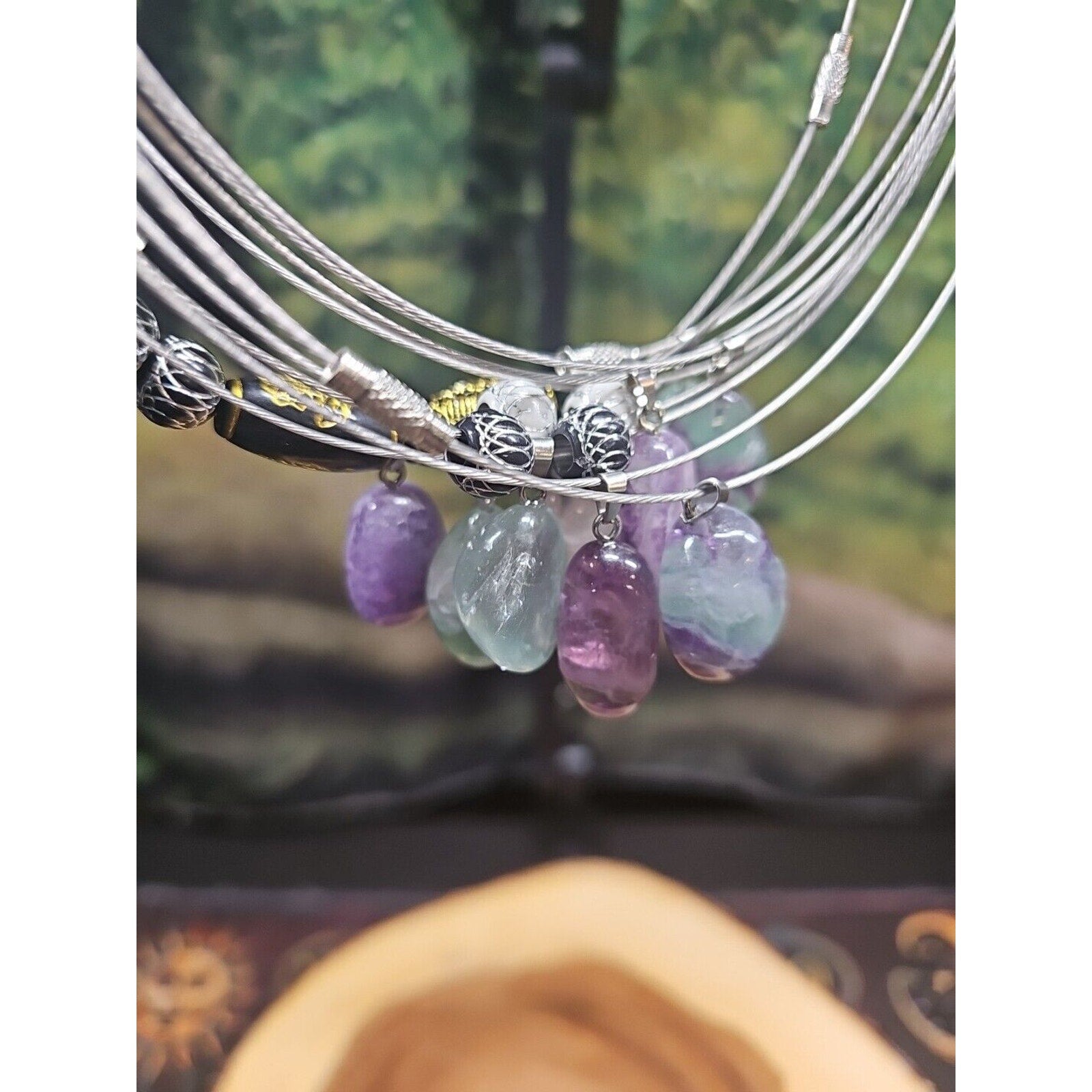 Natural stone 16in pendant necklace, stainless steel 10pc Wholesale lot